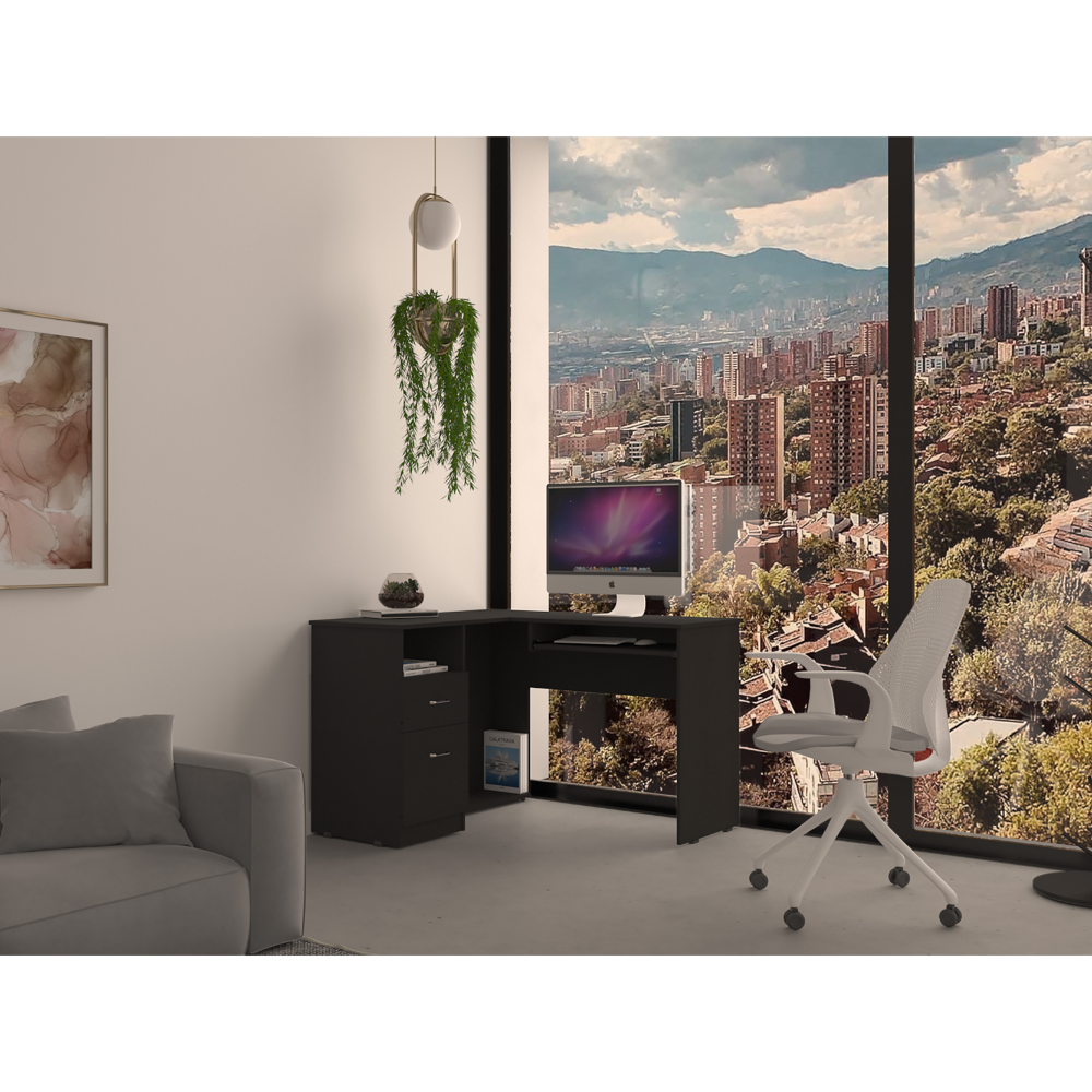 L Shaped Desk, Keyboard Tray, Two Drawers, One Open Shelf, Black Black Particle Board Particle Board