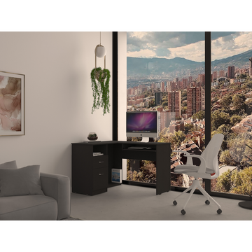 L Shaped Desk, Keyboard Tray, Two Drawers, One Open Shelf, Black Black Particle Board Particle Board