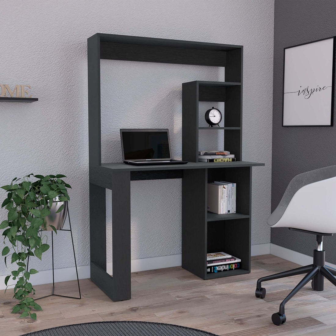 Writing Computer Desk With Storage Shelves And Hutch, Black Black Particle Board Particle Board