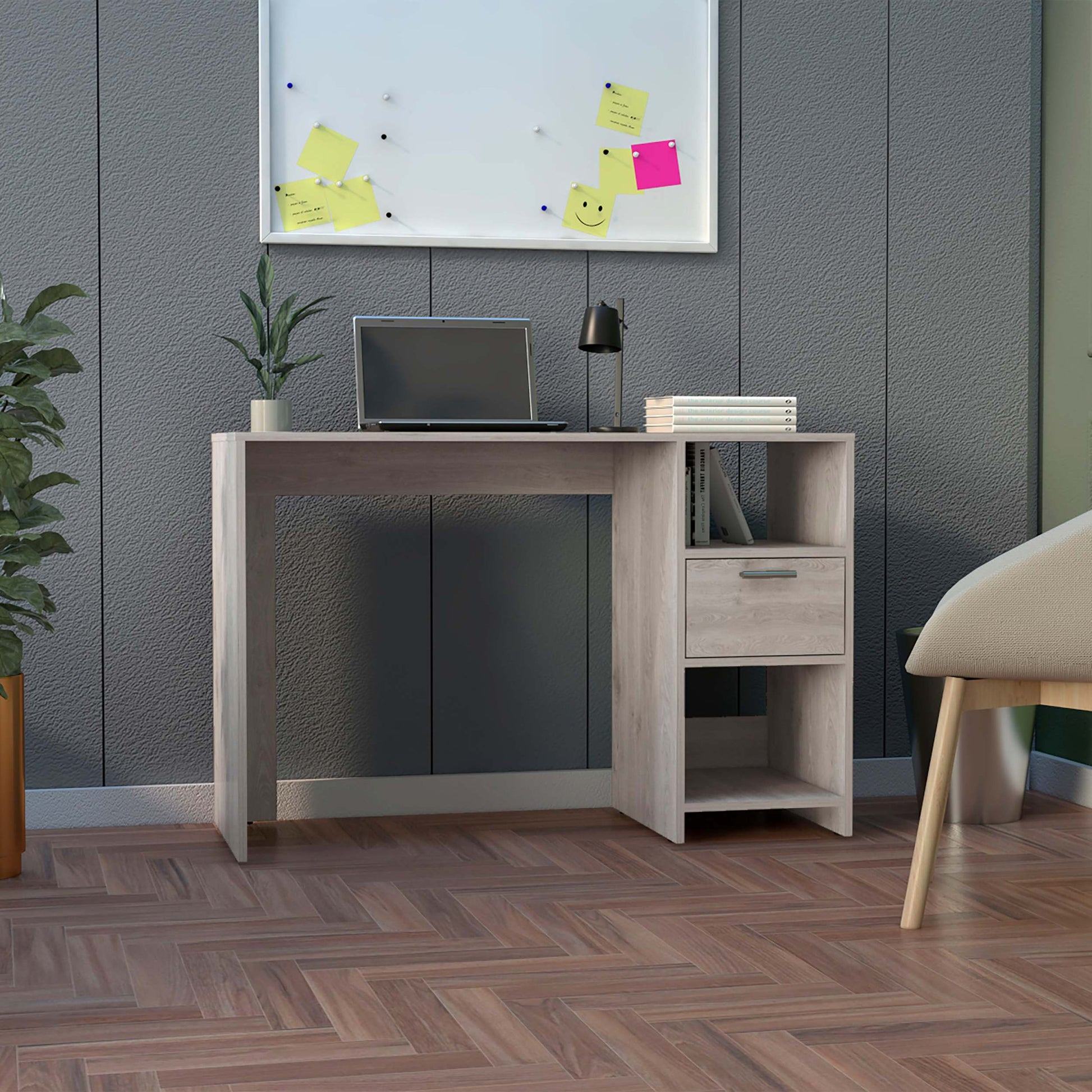 Computer Desk With 1 Drawer And 2 Open Storage Shelves, Light Gray Gray Particle Board Particle Board
