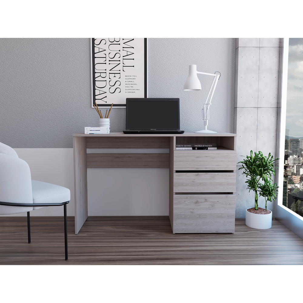 Kenai 3 Drawers Computer Desk, One Shelf, Light Gray Gray Particle Board Particle Board