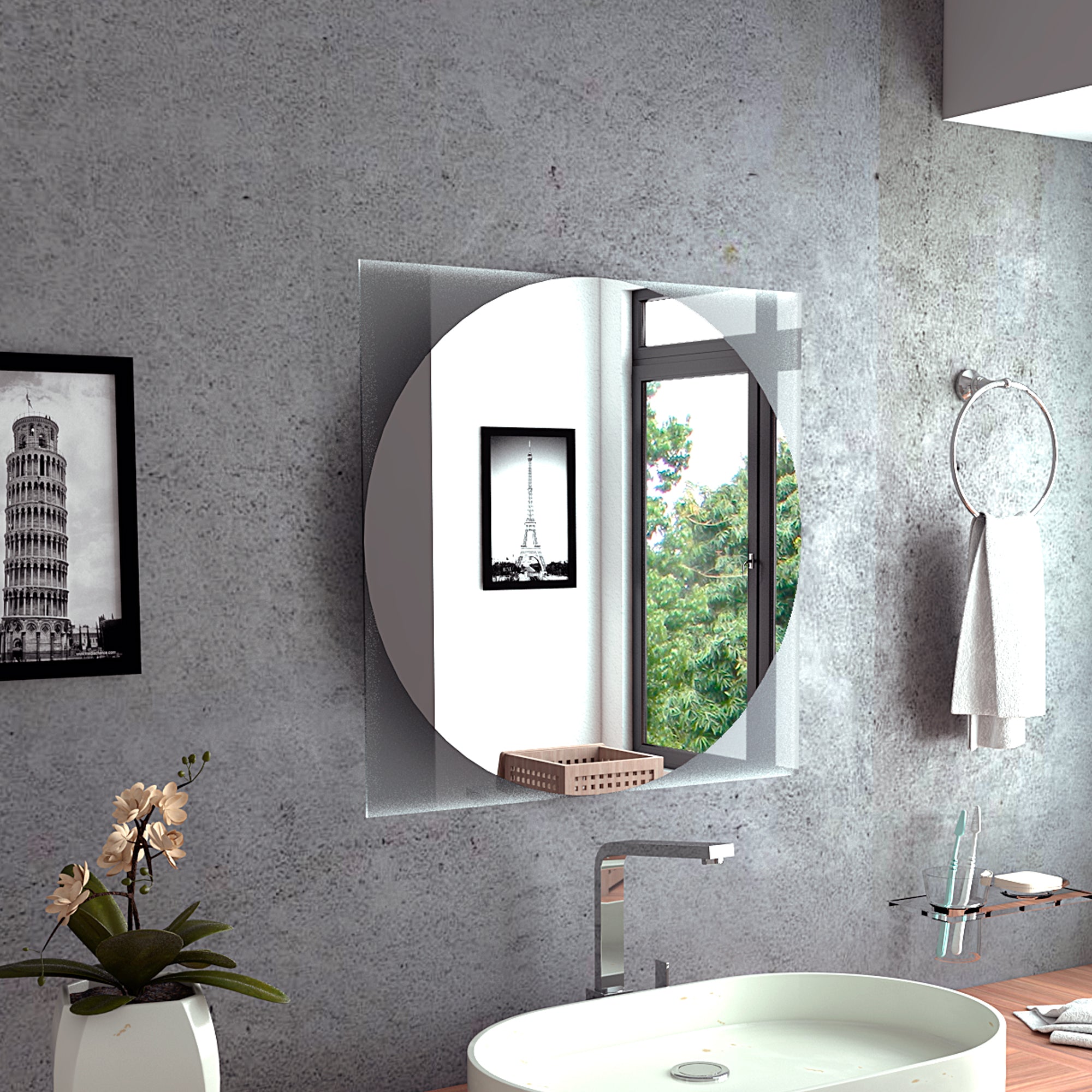 Salerno Mirror, Square Shape, Sandblasting Borders Mirrored Glass Natural Particle Board Particle Board