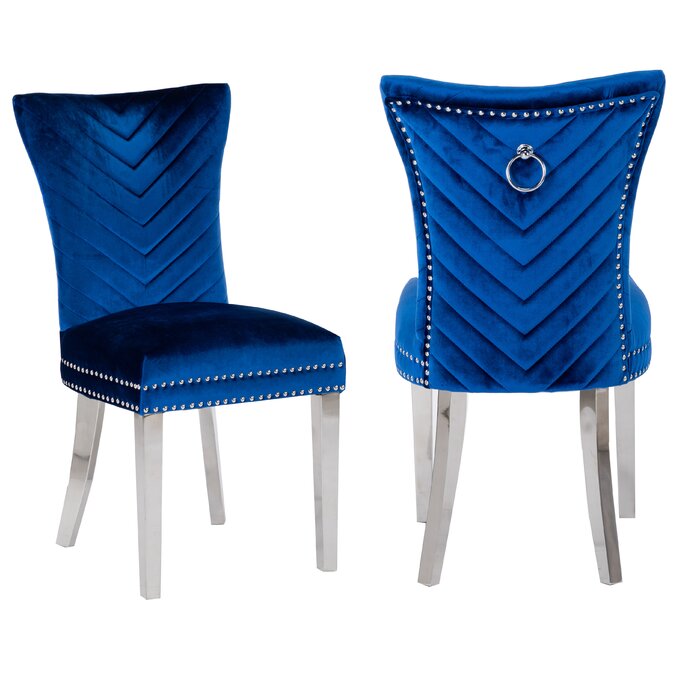 Eva 2 Piece Stainless Steel Legs Chair Finish With Velvet Fabric In Blue Blue Primary Living Space Contemporary,Modern Acacia Tufted Back Solid Wood Mdf Stainless Steel