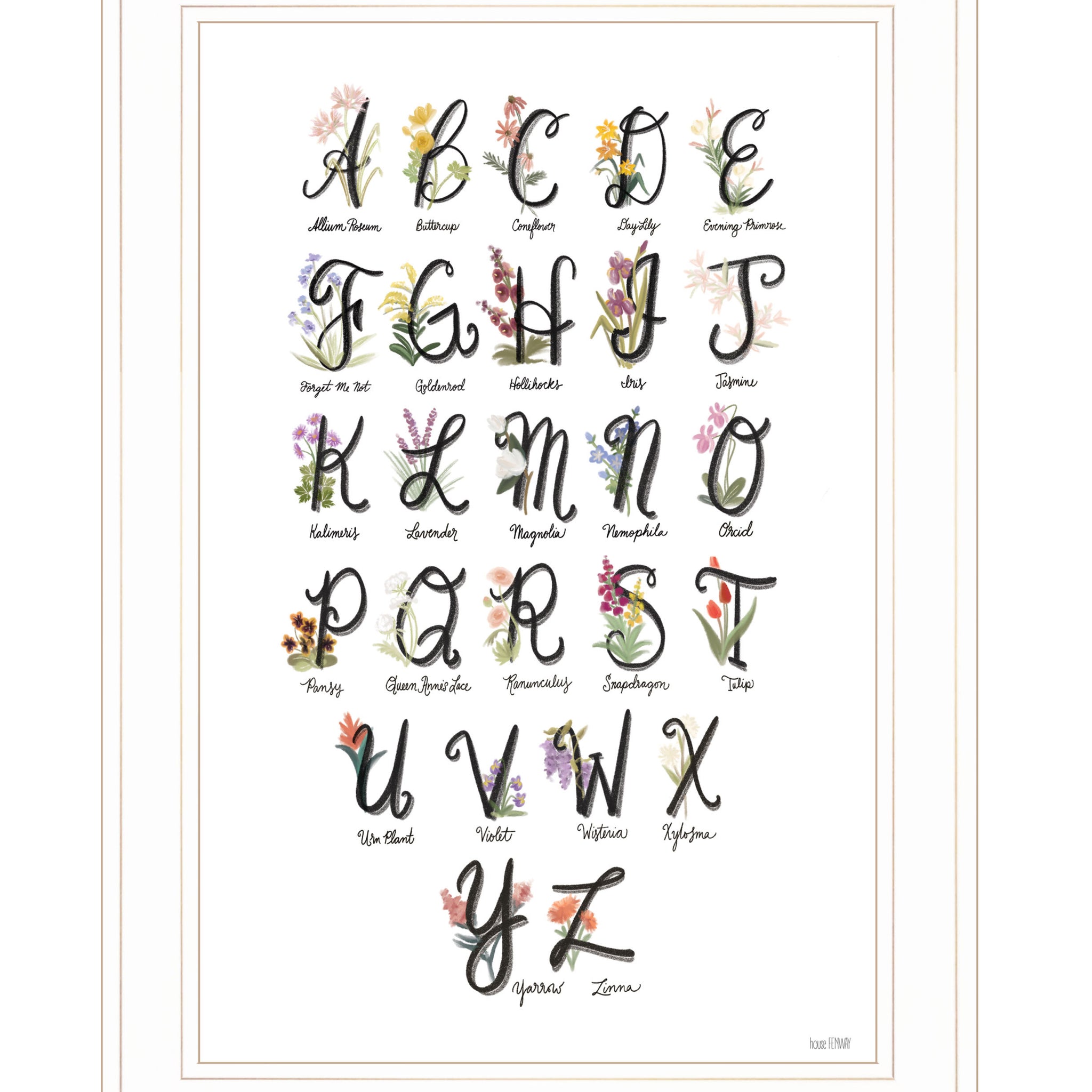 "Flower Alphabet" By House Fenway, Ready To Hang Framed Print, White Frame Multicolor Paper