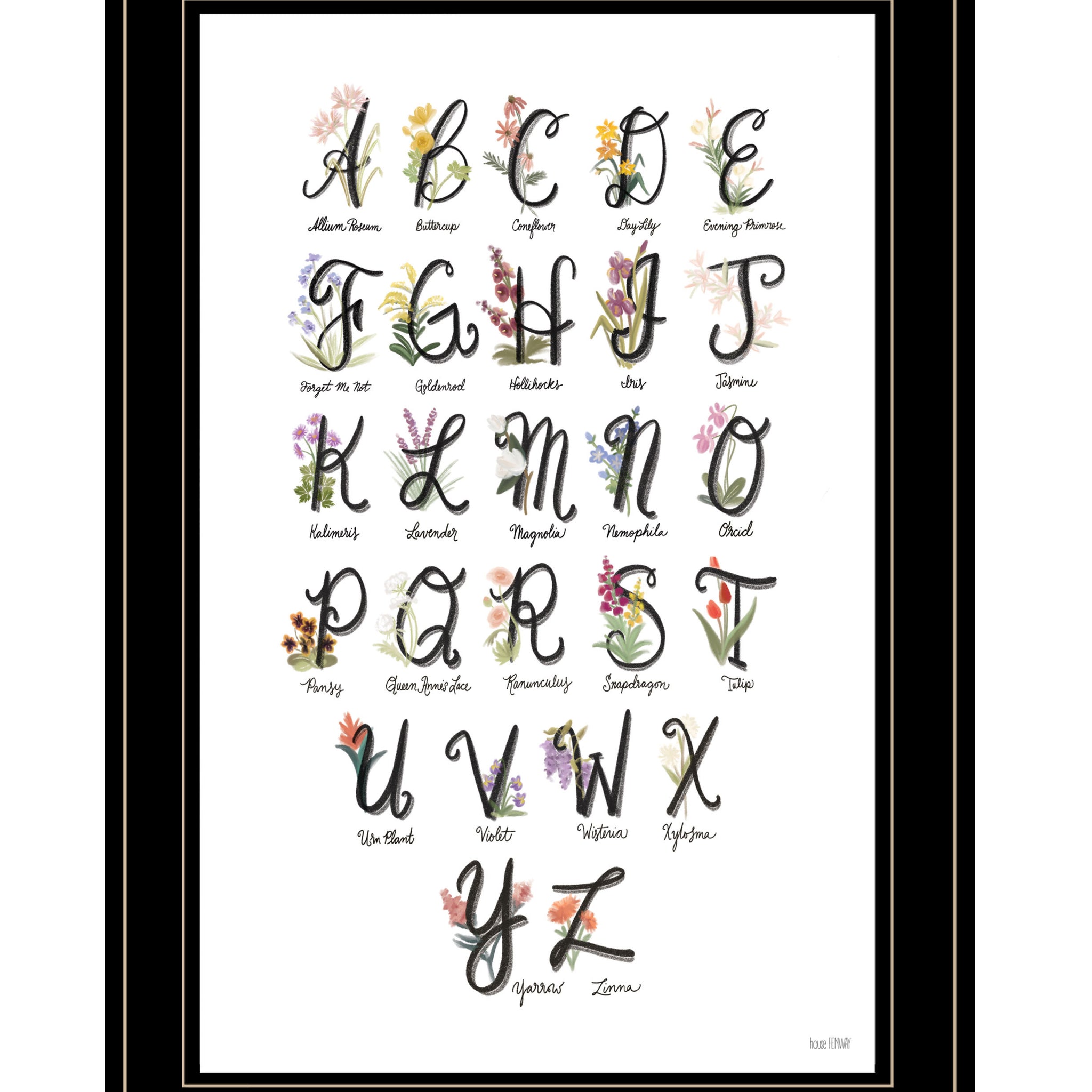 "Flower Alphabet" By House Fenway, Ready To Hang Framed Print, Black Frame Multicolor Paper