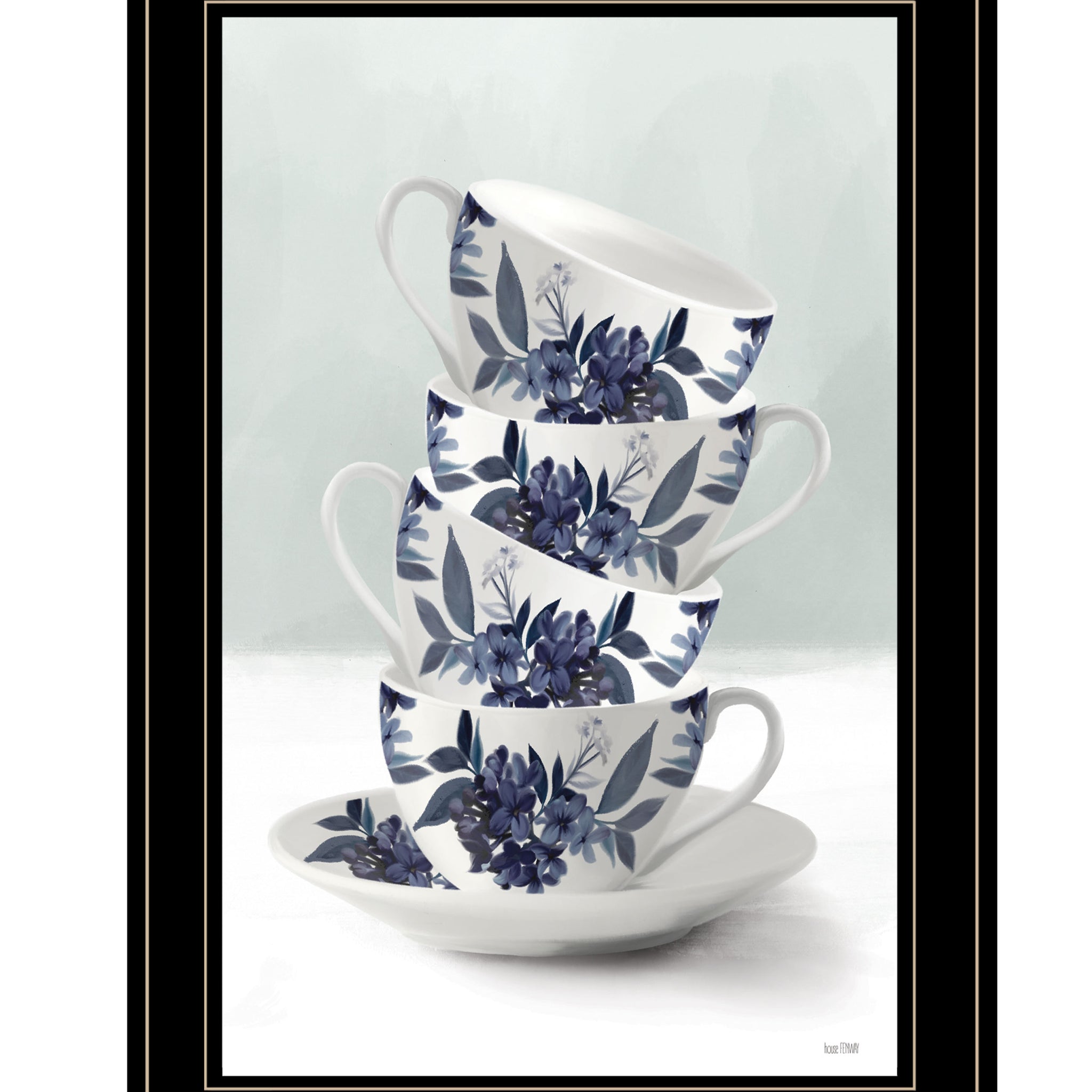 "Tea Tower Blue " By House Fenway, Ready To Hang Framed Print, Black Frame Multicolor Paper