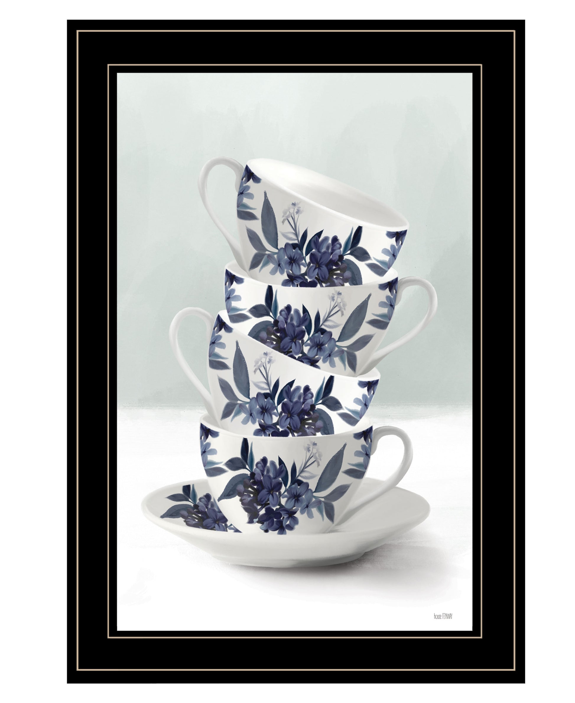 "Tea Tower Blue " By House Fenway, Ready To Hang Framed Print, Black Frame Multicolor Paper