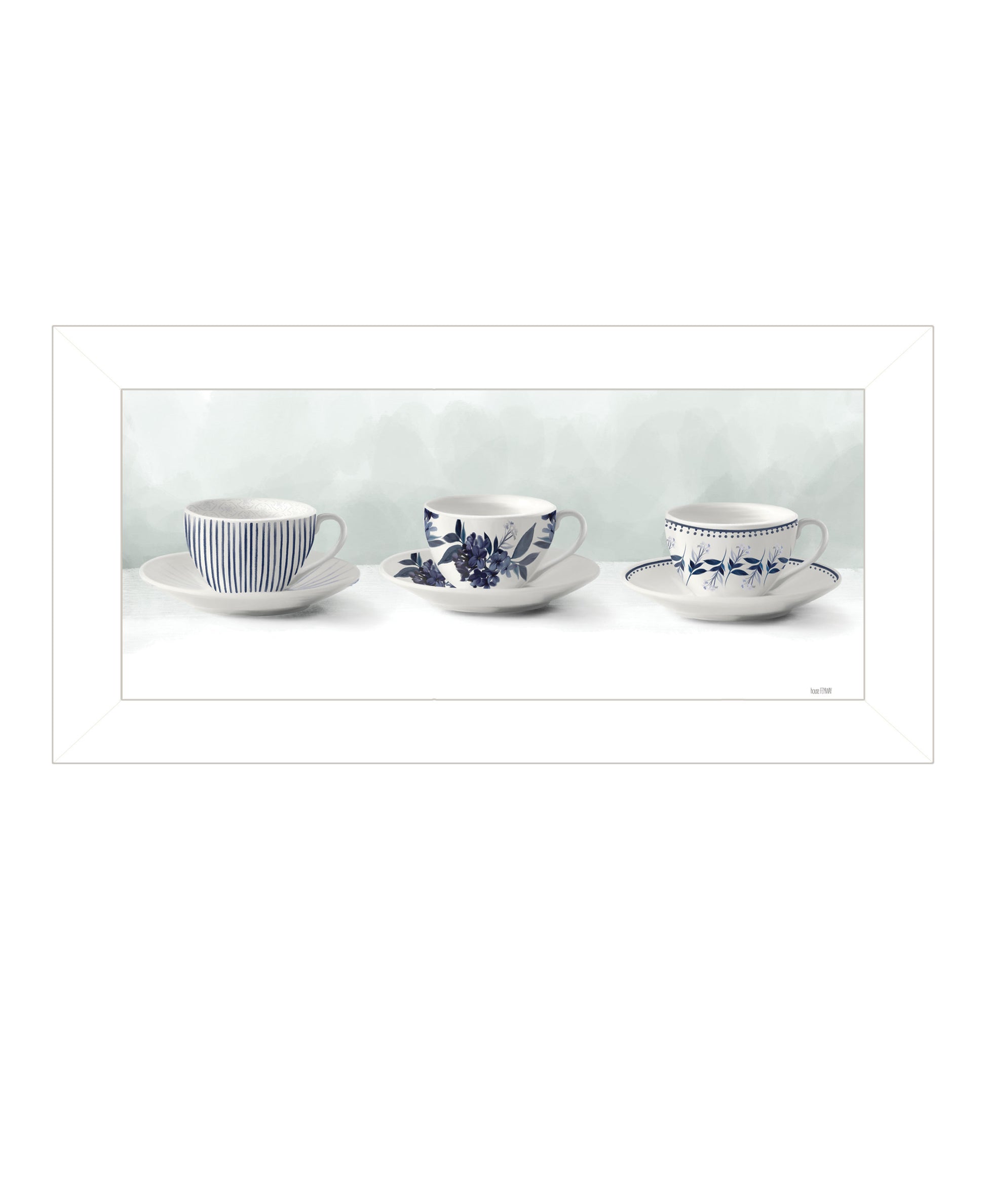 "Cups & Saucers" By House Fenway, Ready To Hang Framed Print, White Frame Multicolor Paper