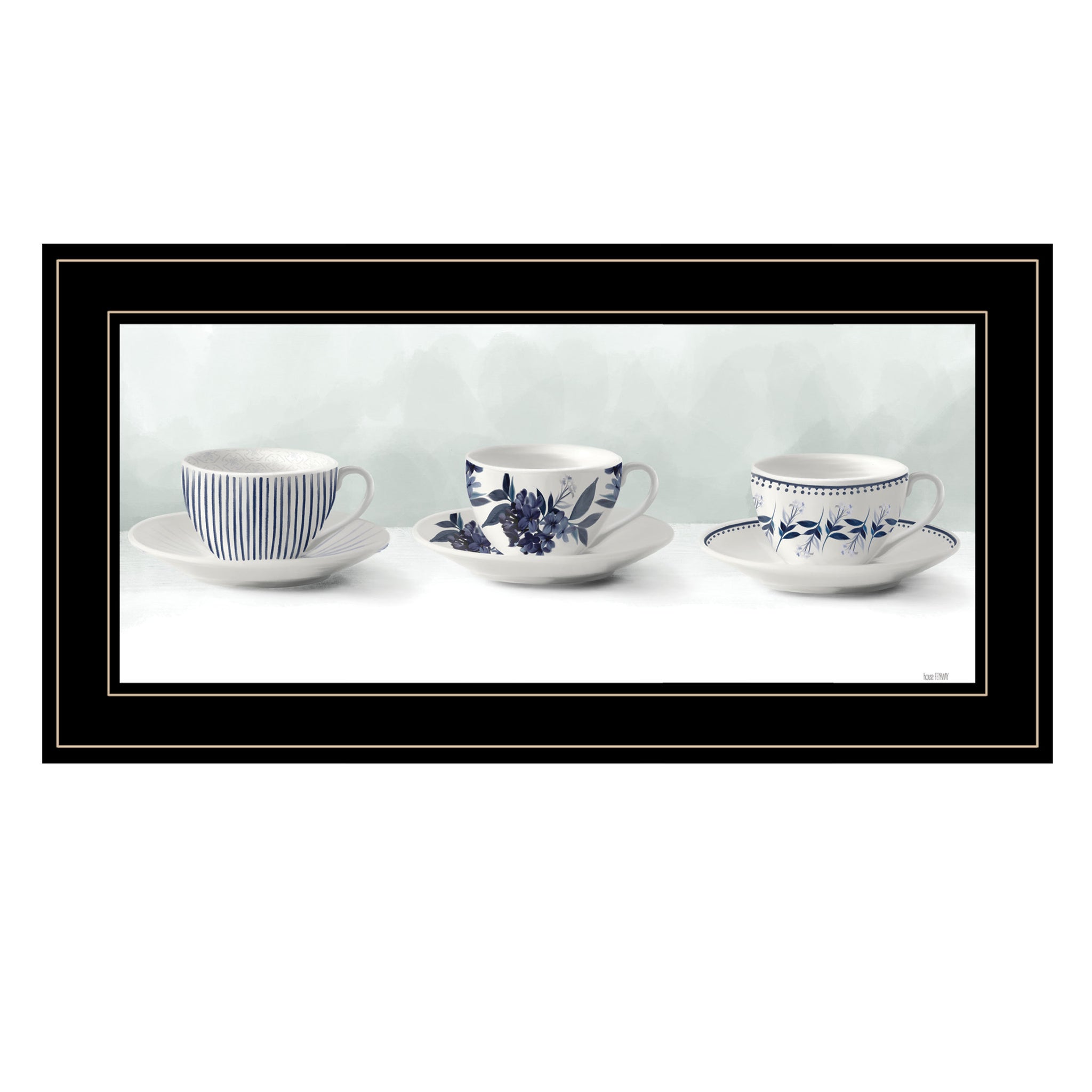 "Cups & Saucers" By House Fenway, Ready To Hang Framed Print, Black Frame Multicolor Paper