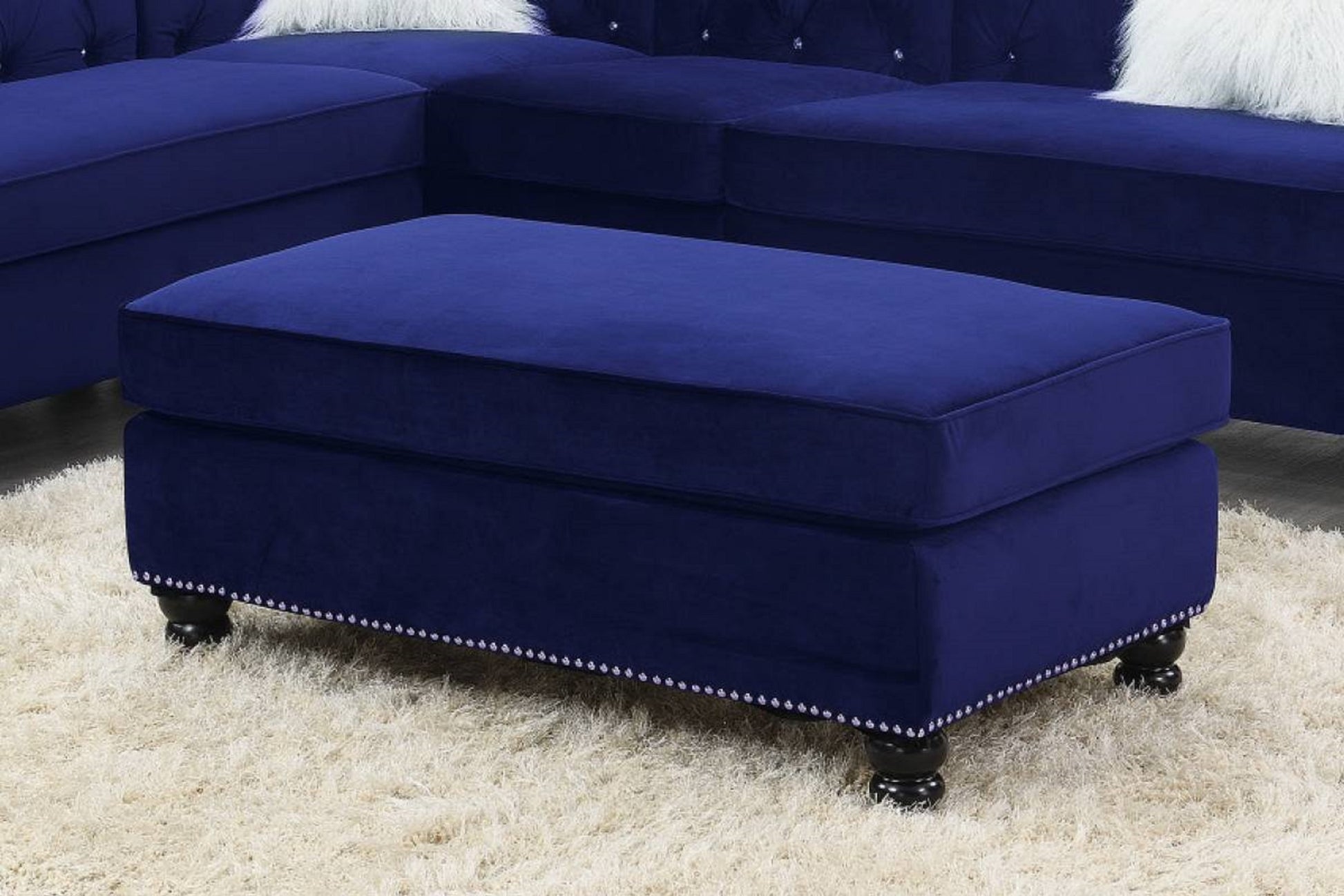 Living Room Xl Cocktail Ottoman Indigo Blue Velvet Accent Studding Trim Wooden Legs Blue Velvet Primary Living Space Blue Classic,Contemporary Rectangle Nailhead Trim Velvet