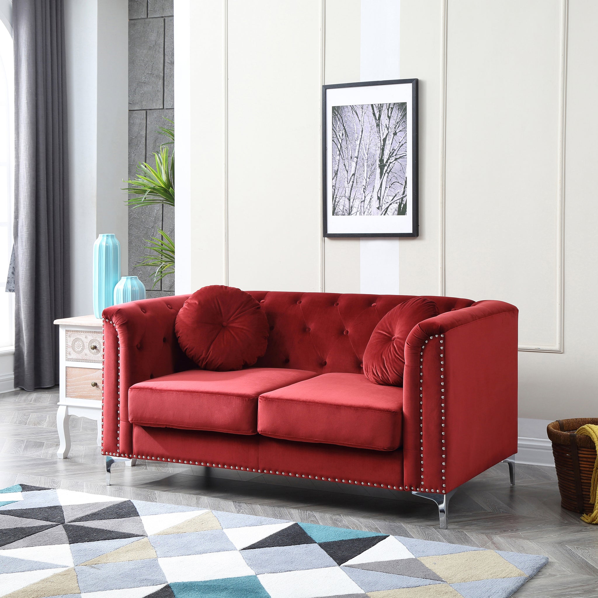 Chic Sloped Arm Loveseat In Burdy Burgundy Foam Velvet