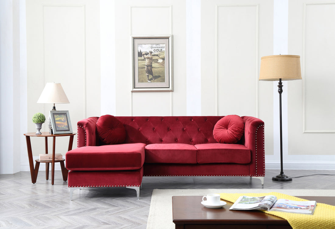 Pompano G789B Sc Sofa Chaise 3 Boxes Burgundy Burgundy Velvet Wood Primary Living Space Medium Firm Tufted Back Mid Century Modern L Shaped Foam Velvet 4 Seat