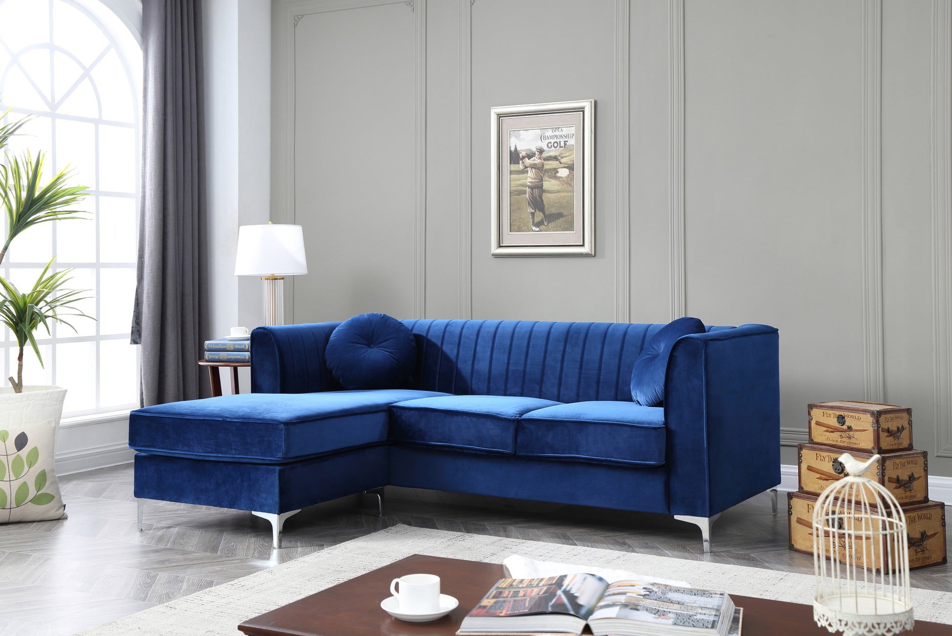 Delray G791B Sc Sofa Chaise 3 Boxes Navy Blue Navy Blue Foam Velvet