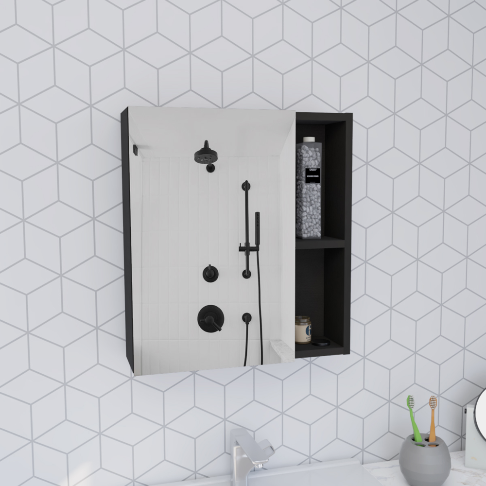 Medicine 19H" Single Door Cabinet With Mirror, Five Interior Shelves, Black Black Particle Board Particle Board