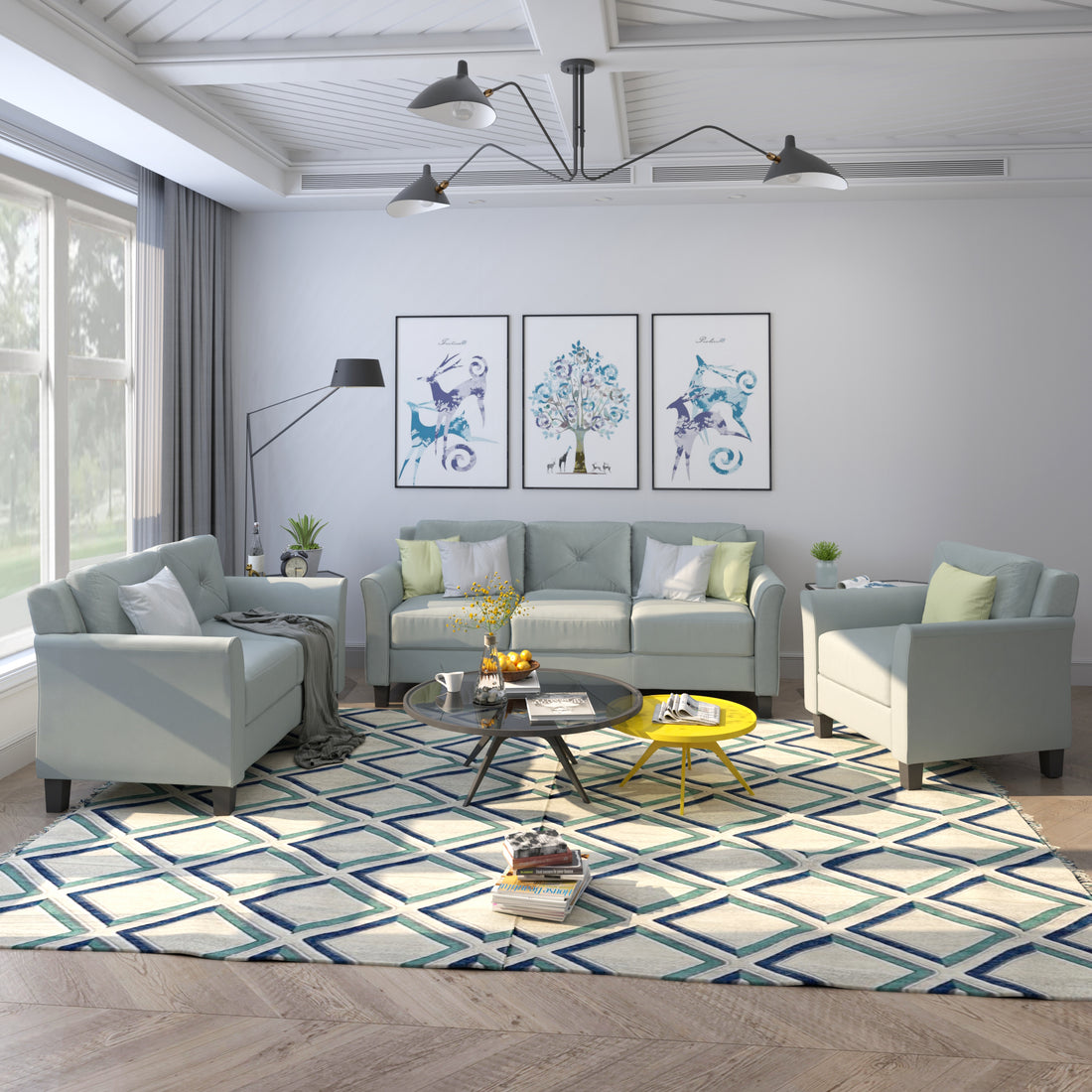 Button Tufted 3 Piece Chair Loveseat Sofa Set Gray Polyester