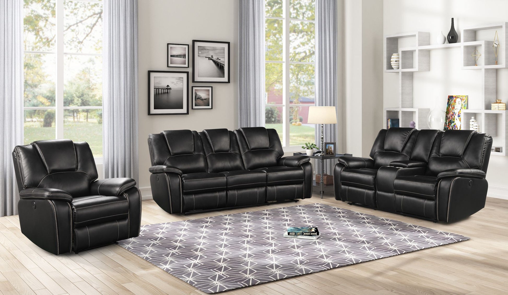 Hong Kong 3 Piece Power Reclining Sofa Set Made With Faux Leather In Black Black Faux Leather Metal Primary Living Space Medium Soft Cushion Back Contemporary,Modern Solid Wood Mdf Wood 6 Seat