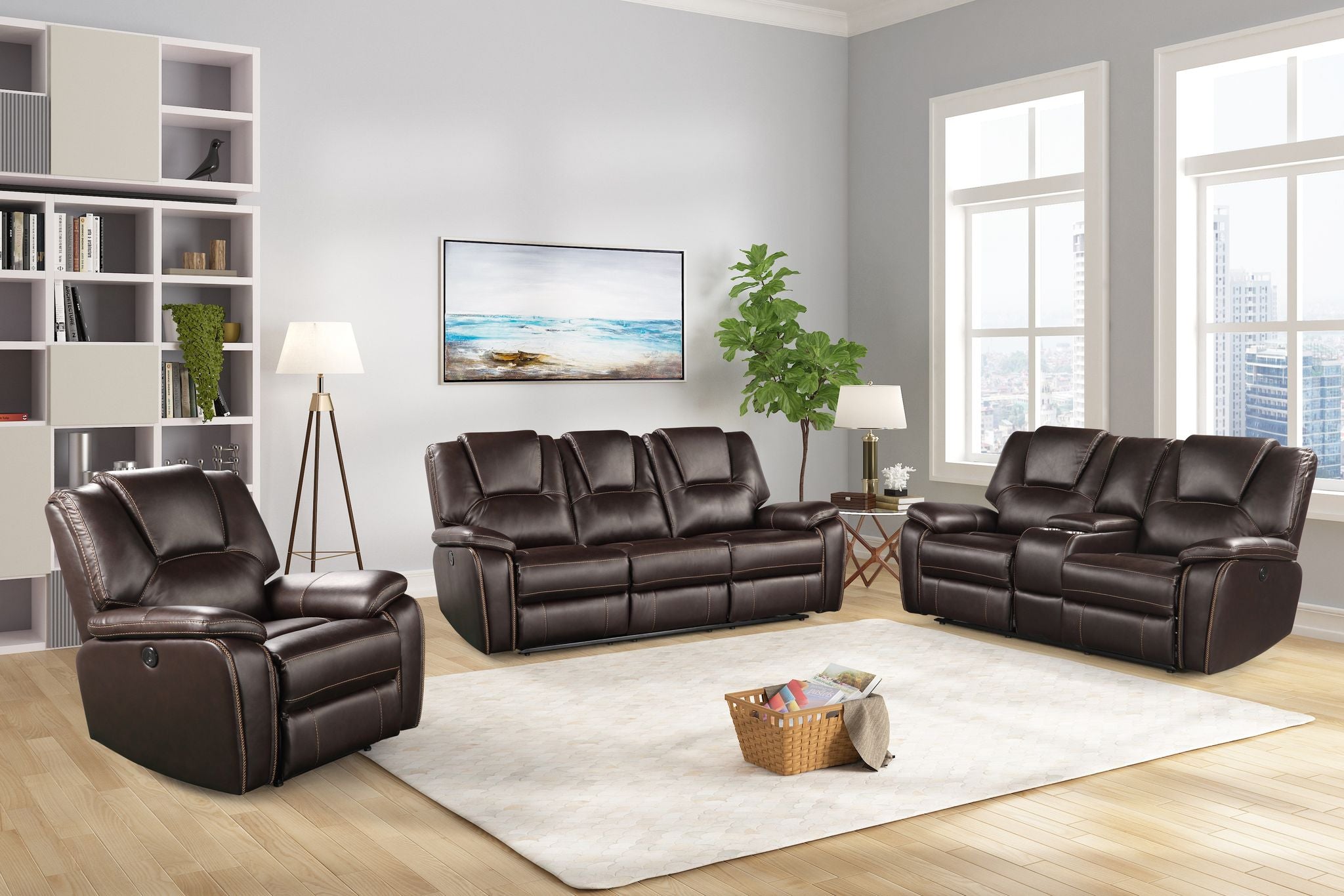 Hong Kong 3 Piece Power Reclining Sofa Set Made With Faux Leather In Brown Brown Faux Leather Metal Primary Living Space Medium Soft Contemporary,Modern Solid Wood Mdf Faux Leather 6 Seat