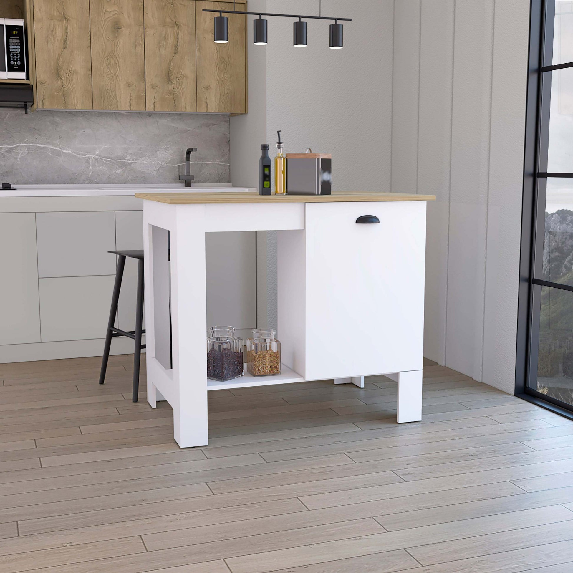 Kitchen Island 35" H, One Storage Cabinet With Door, Two Internal Shelves, One Open Storage Shelf, White Macadamia Multicolor Particle Board Particle Board