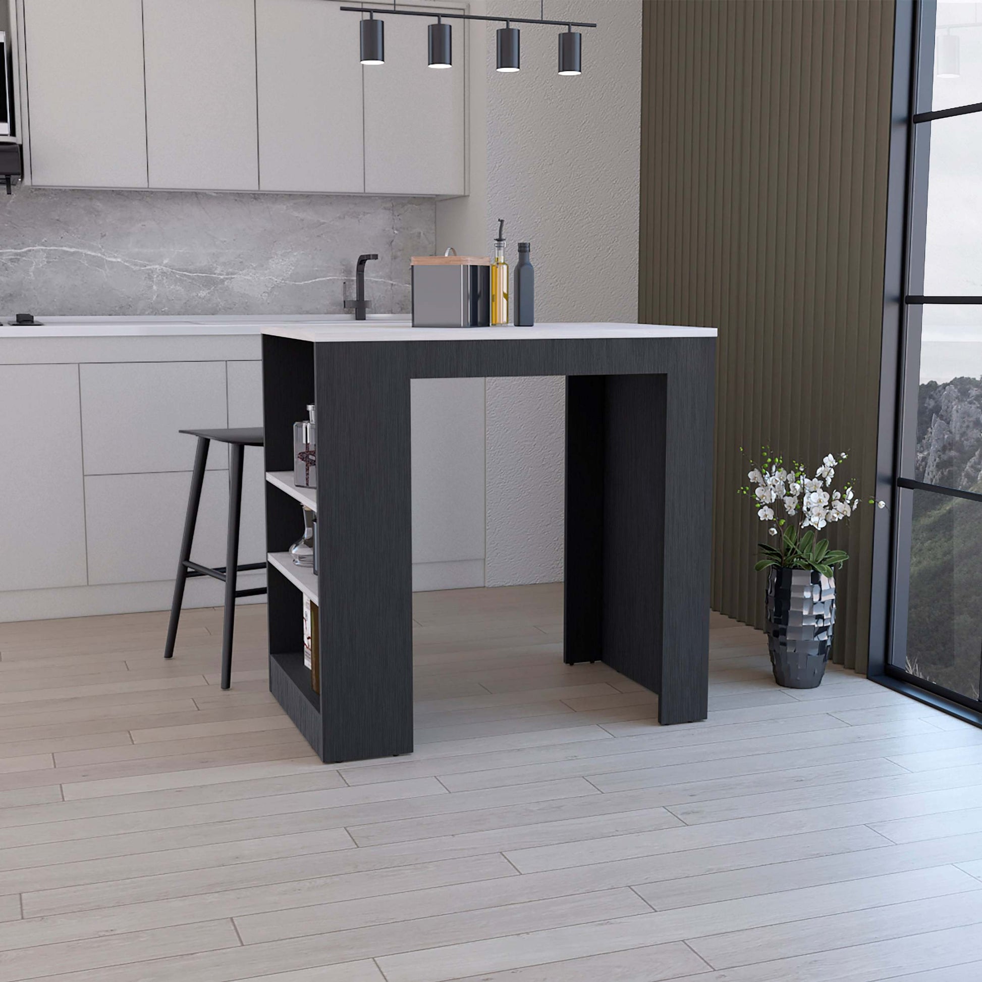 Kitchen Island, Kitchen Bar Table 36" H, With 3 Side Shelves, White, Wengue Ibiza Marble Multicolor Particle Board Particle Board