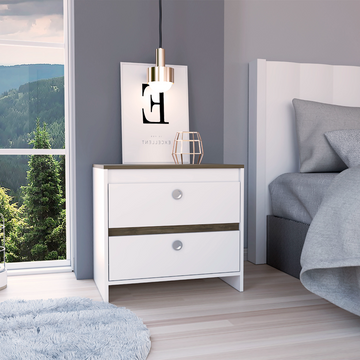 Nightstand 22" H, Two Drawers, Superior Top, Metal Handle, White Dark Brown Multicolor Particle Board Particle Board