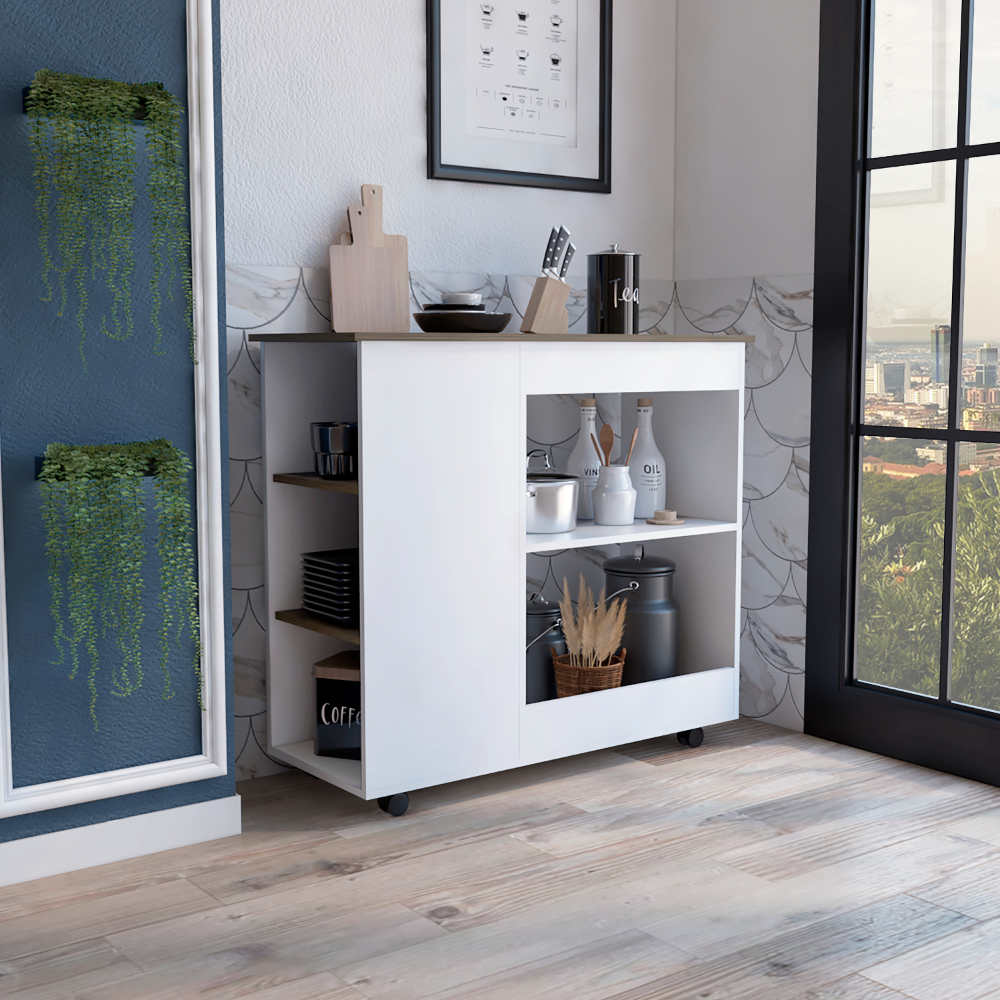 Kitchen Cart Two Storage Shelves, Three Side Shelves, Four Casters, White Dark Brown Multicolor Particle Board Particle Board