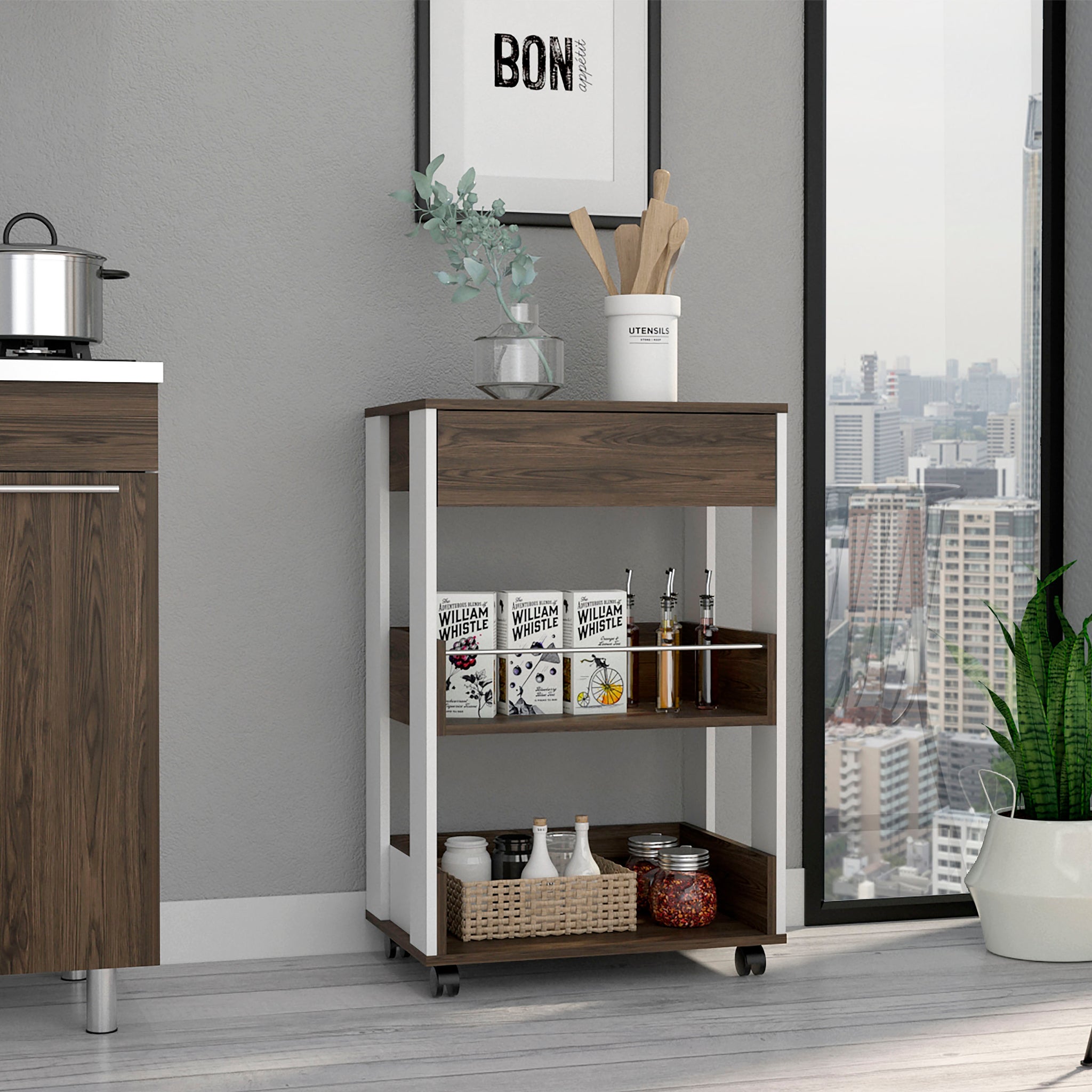 Verona Kitchen Cart, Three Shelves, Four Casters White Dark Walnut Multicolor Particle Board Particle Board