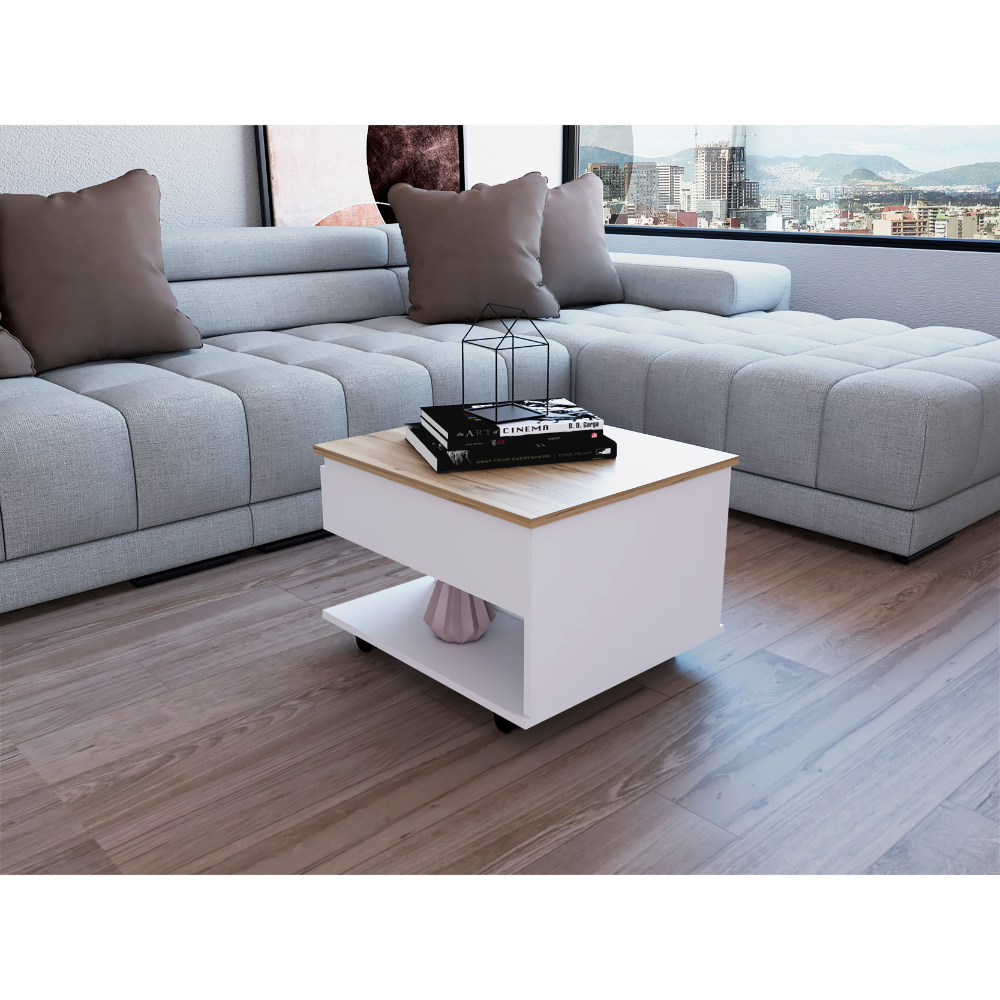Lift Top Coffee Table, Casters, One Shelf, White Light Oak Multicolor Particle Board Particle Board