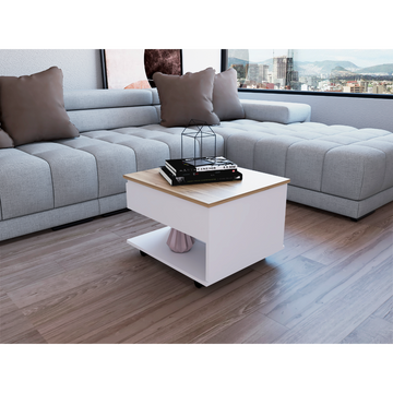 15" H White Light Oak Coffee Table, 4 Brake Wheels, Lifting Top That Allows Storage Inside The Table, 1 Lower Shelf And 1 Vertical Division That Allows You To Decorate, Design Books And More. Multicolor Particle Board Particle Board