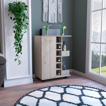 Bar Cart, Two External Shelves, Four Casters, Six Built In Wine Rack, Single Door Cabinet Light Gray Beige Particle Board Particle Board