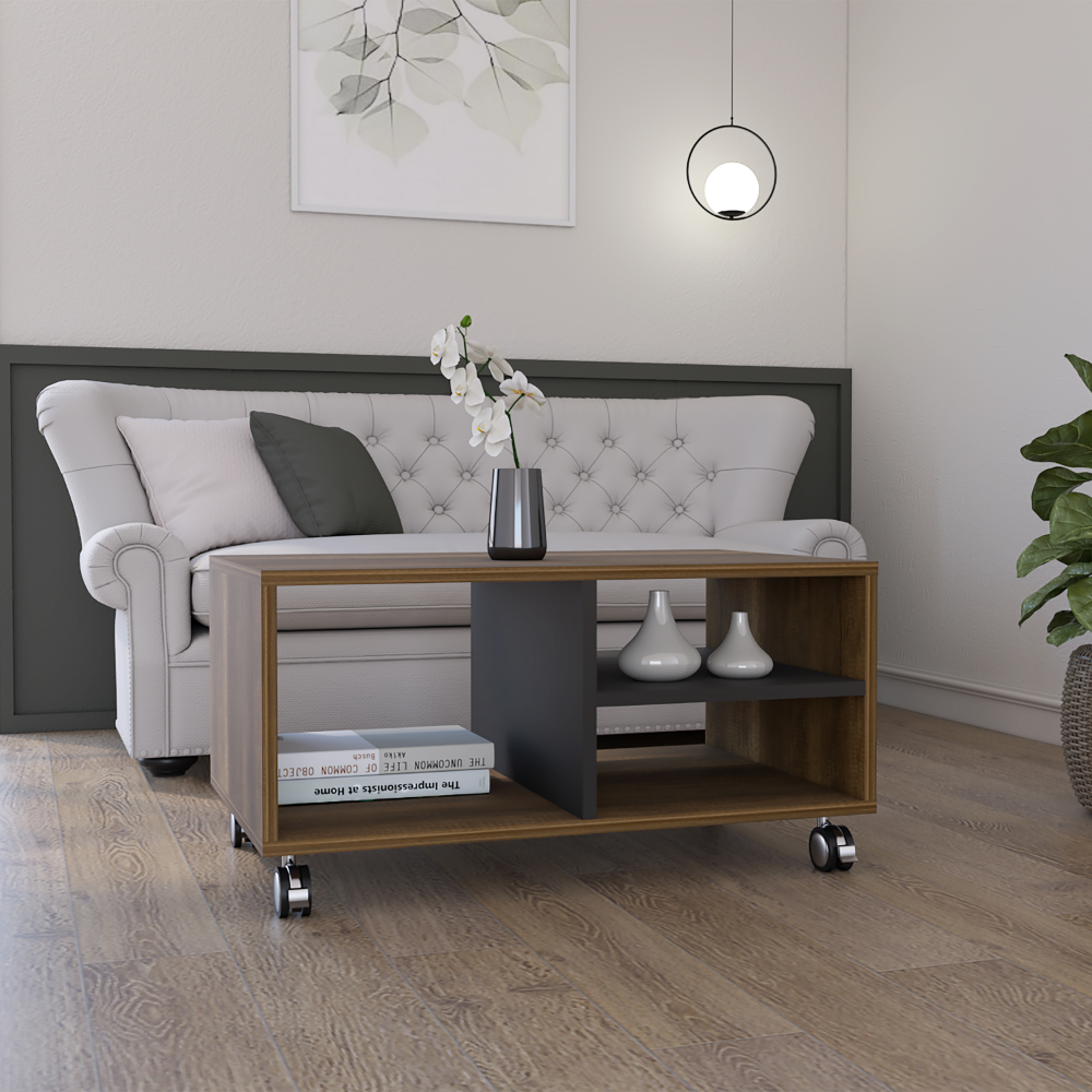 Aveiro Coffee Table, Four Casters, Three Shelves, Walnut Black Multicolor Particle Board Particle Board