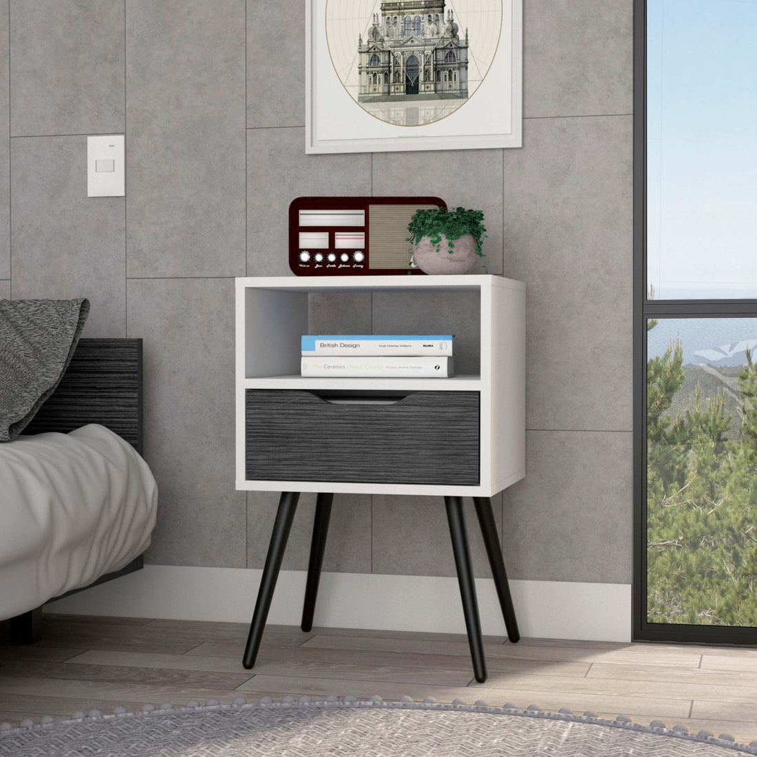 Nightstand 25"H, Superior Top, Four Legs, One Open Shelf, One Drawer, Smokey Oak White Multicolor Particle Board Particle Board