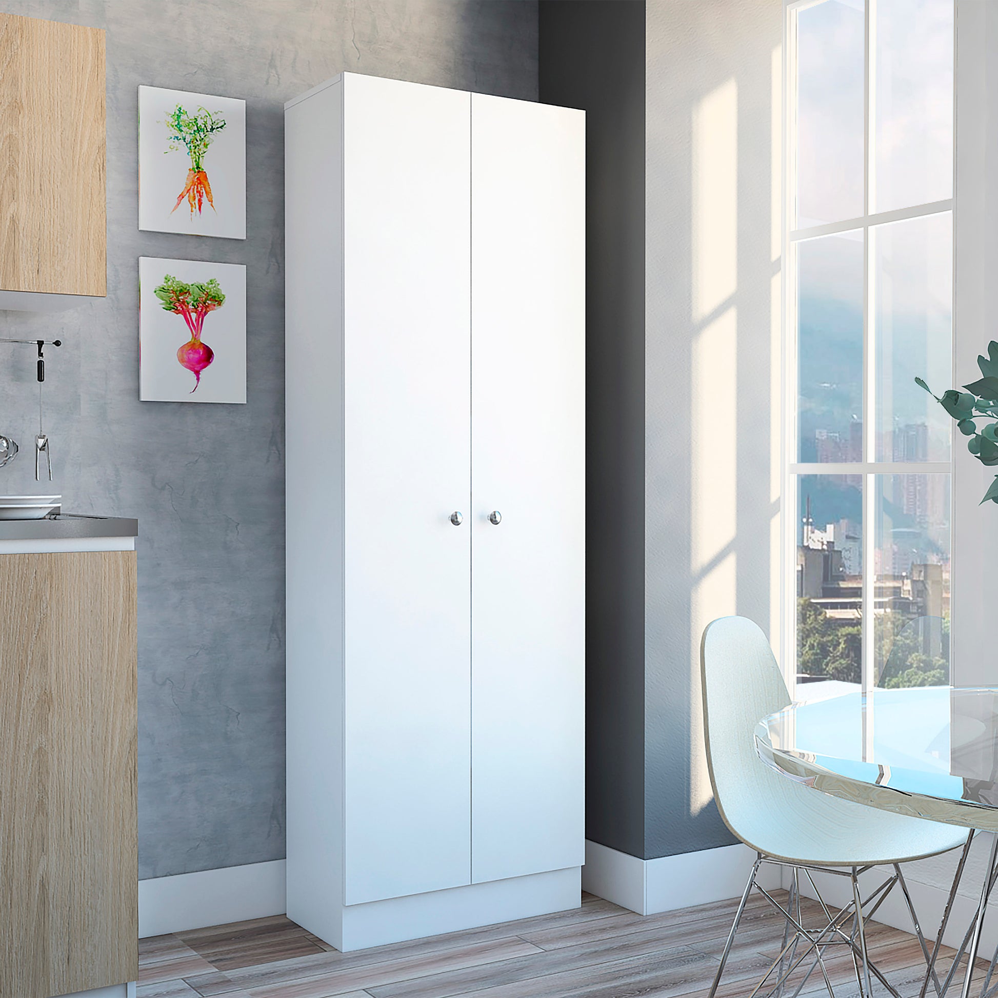 Multistorage Pantry Cabinet, Five Shelves, Double Door Cabinet White White Particle Board Particle Board