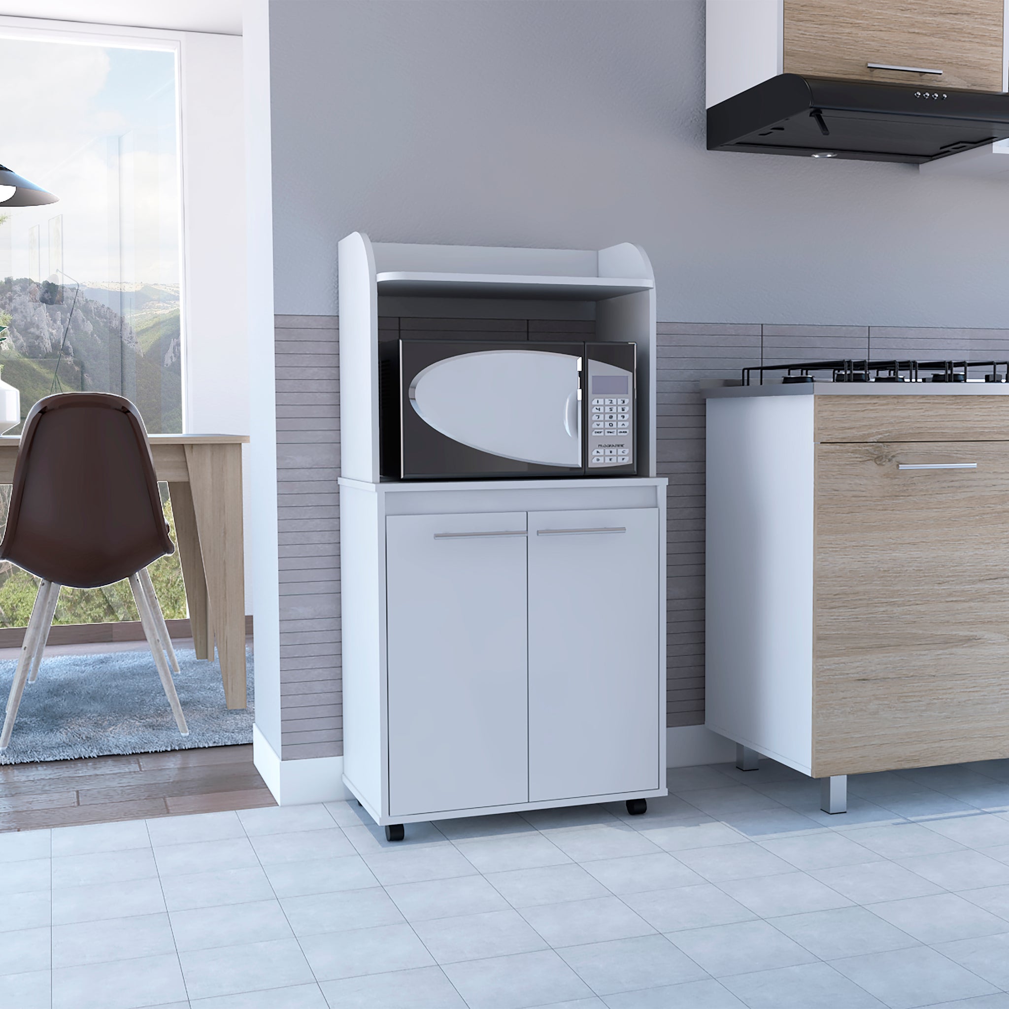 Kira Kitchen Kart, Double Door Cabinet, One Open Shelf, Two Interior Shelves White White Particle Board Particle Board