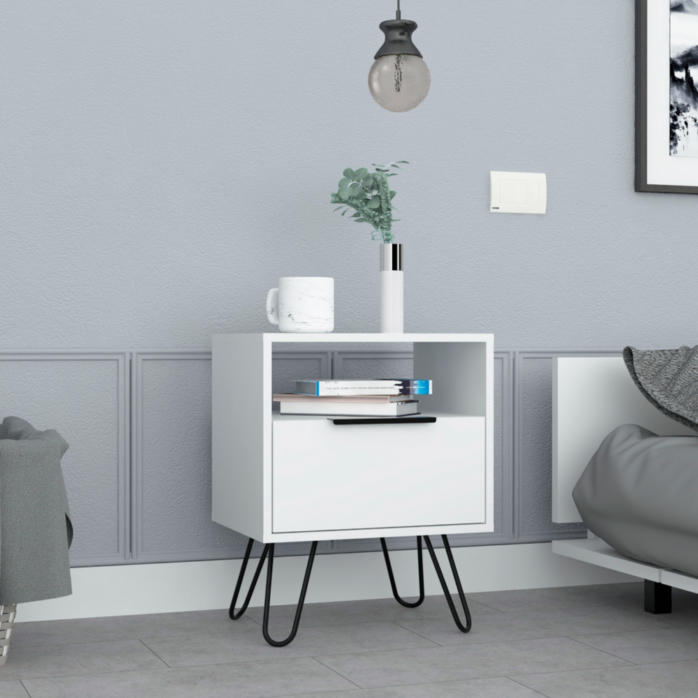 Nightstand 22"H, One Open Shelf, Single Door Cabient, Hairpin Legs, White White Particle Board Particle Board