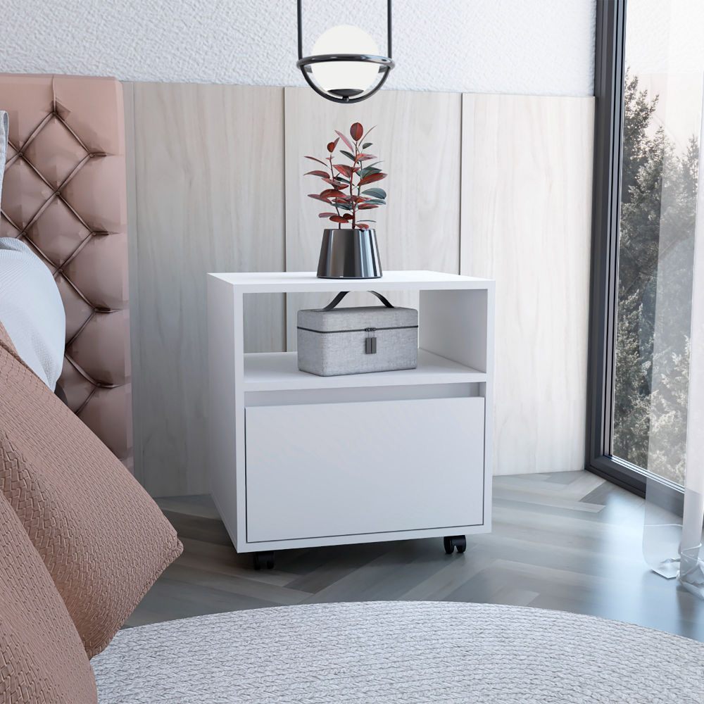 Austin Nightstandend Table, Side Table Casters, Single Drawer White Black 1 Drawer Bedroom Rectangle Modern Shelf Particle Board Particle Board