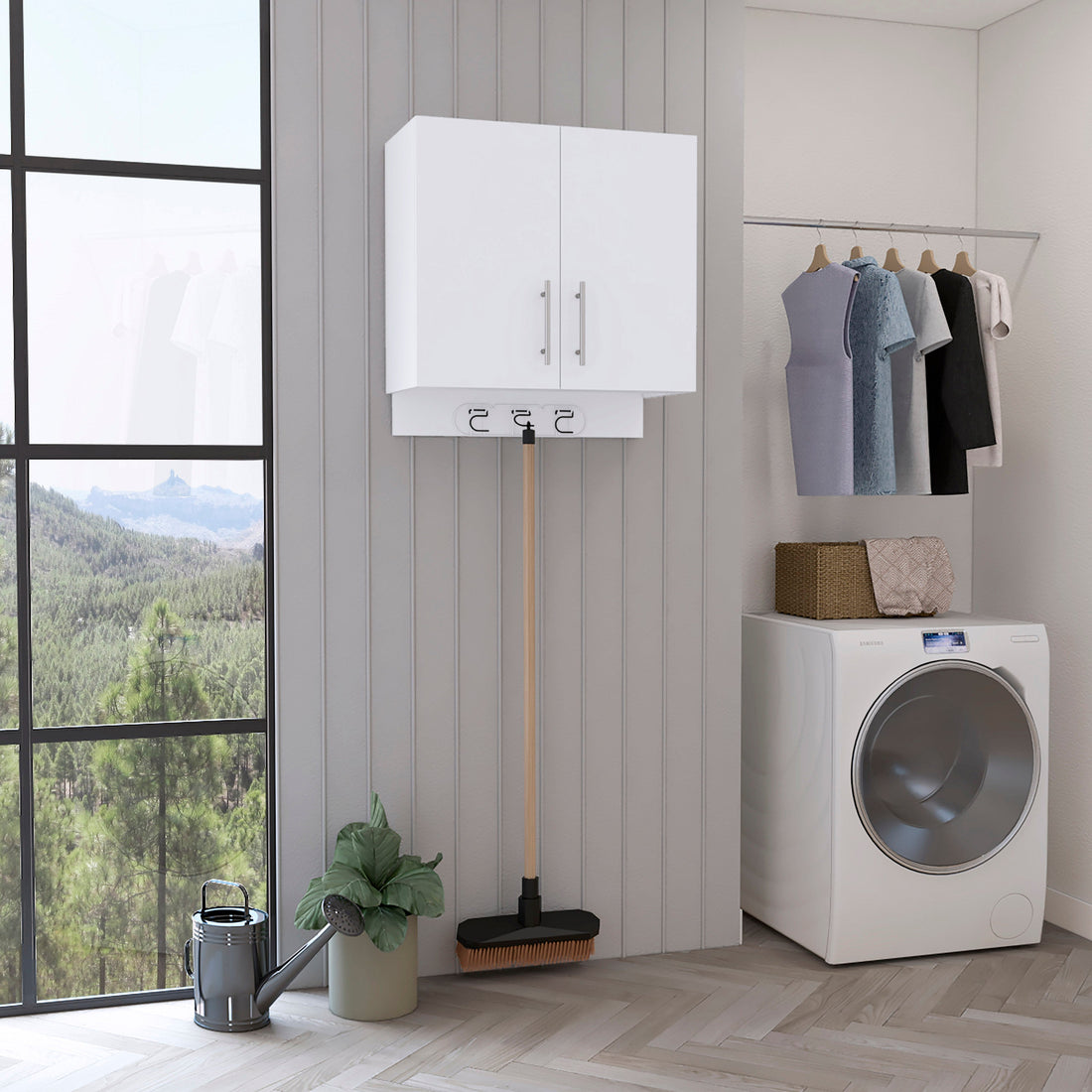 Kymo Wall Storage Cabinet, 2 Doors, Broom Hangers White Standard 1 2 Shelves Natural White White Dining Room Modern Particle Board Particle Board