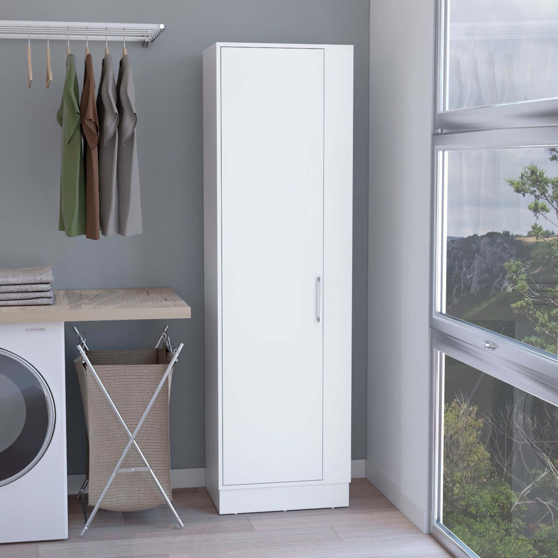 Storage Cabinet 72"H, Six Internal Shelves, One Door, Three Broom Hangers, White White Particle Board Particle Board