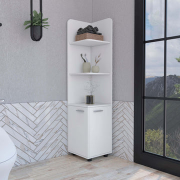 62H" Tall Corner Cabinet With 3 Tier Shelf And 2 Door, White White Particle Board Particle Board