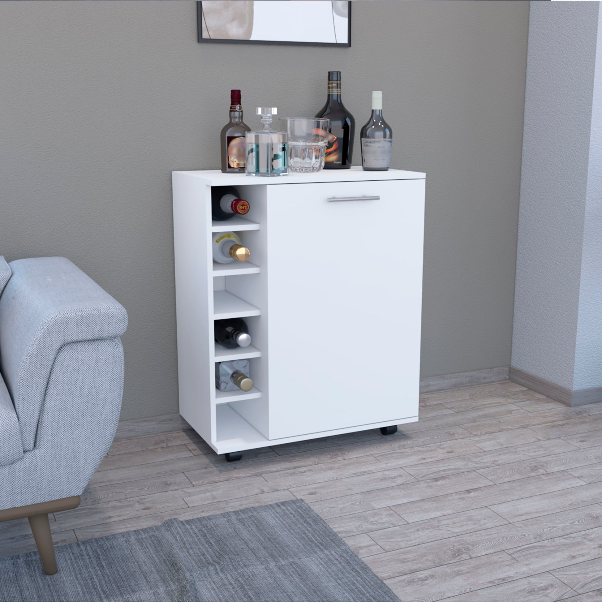 32" H White Bar Coffee Cart, Kitchen Or Living Room Cabinet Storage With 4 Wheels, With 6 Bottle Racks, A Central Shelf Covered By 1 Door, Ideal For Storing Glasses And Snacks White Particle Board