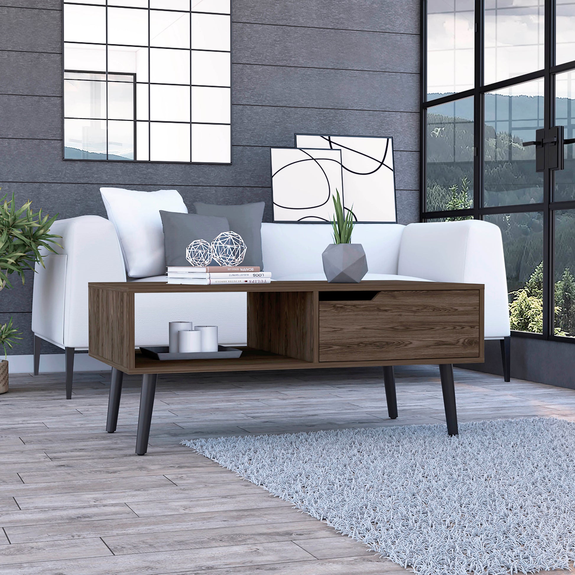 Oslo Coffee Table, One Drawer, One Open Shelf, Four Legs Dark Walnut Brown Particle Board Particle Board