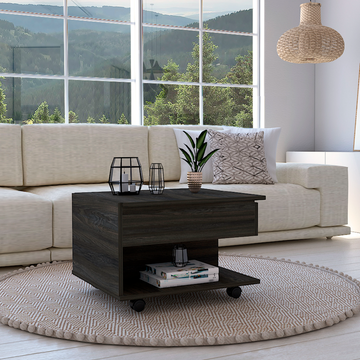 15" H Carbon Espresso Coffee Table, 4 Brake Wheels, Lifting Top That Allows Storage Inside The Table, 1 Lower Shelf And 1 Vertical Division That Allows You To Decorate With Photos, And Design Books. Brown Particle Board Particle Board