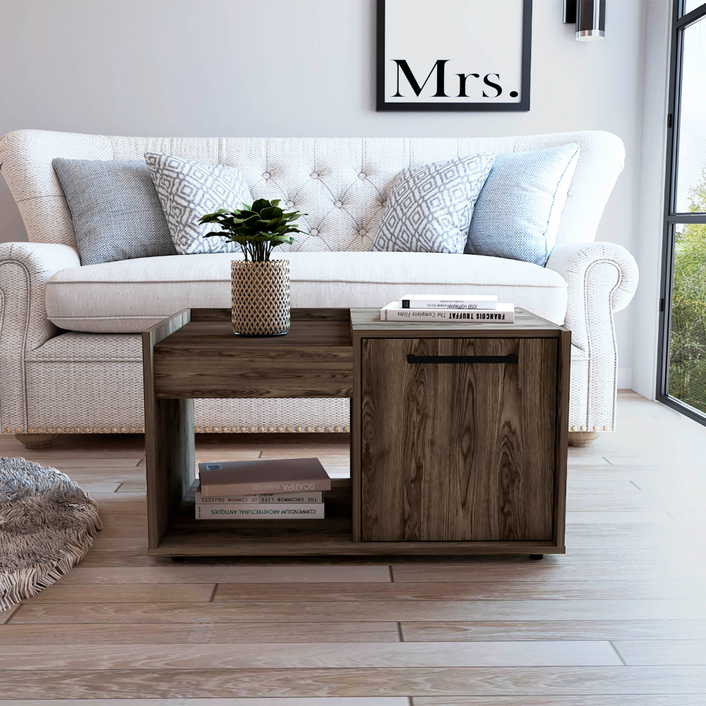 Ambar Coffee Table, One Open Shelf, Single Door Cabinet, Dark Walnut Brown Particle Board Particle Board