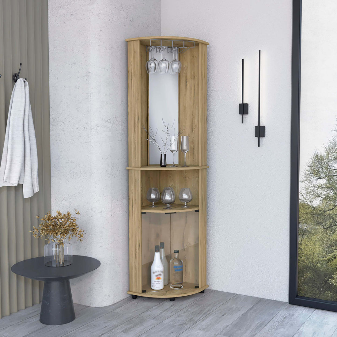 74" H Macadamia Bar Coffee Corner Cabinet Storage, With Rounded Front Design, With 2 Central Shelves, 1 Glass Holder In The Upper Compartment And 1 Storage With Double Glass Door In The Lower Part. Beige Particle Board Particle Board