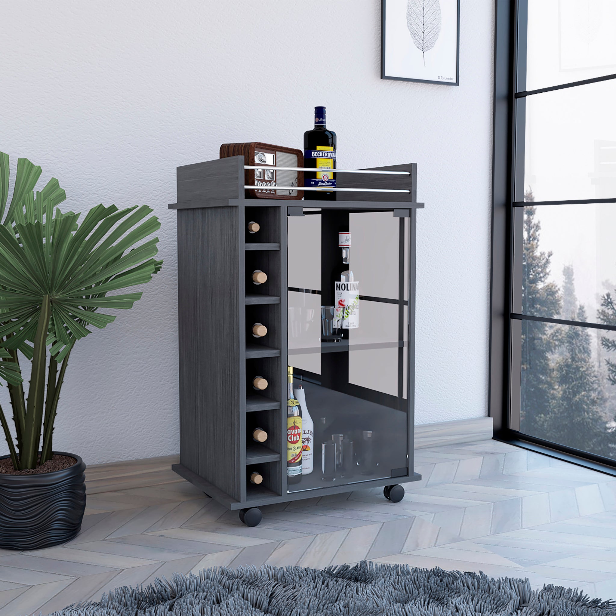 Dukat Bar Cart,Two Shelves, Six Built In Wine Rack, Four Casters Smokey Oak Gray Dining Room Modern Rectangular Stationary Kitchen Islands Particle Board Particle Board Medium 40 55In