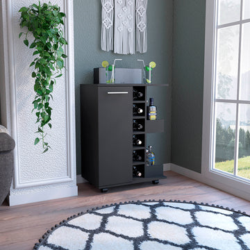 Bar Cart, Two External Shelves, Four Casters, Six Built In Wine Rack, Single Door Cabinet Black Black Particle Board Particle Board