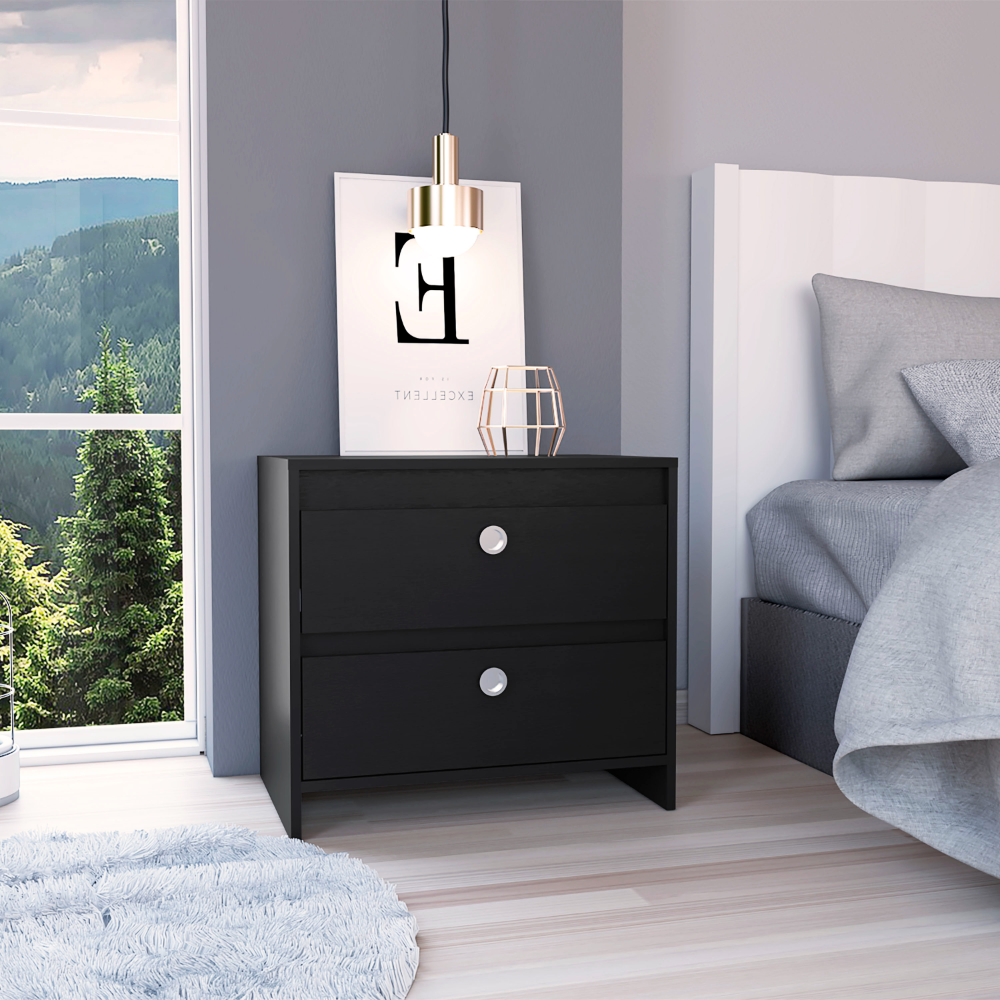 Nightstand 22" H, Two Drawers, Superior Top, Metal Handle, Black Black Particle Board Particle Board