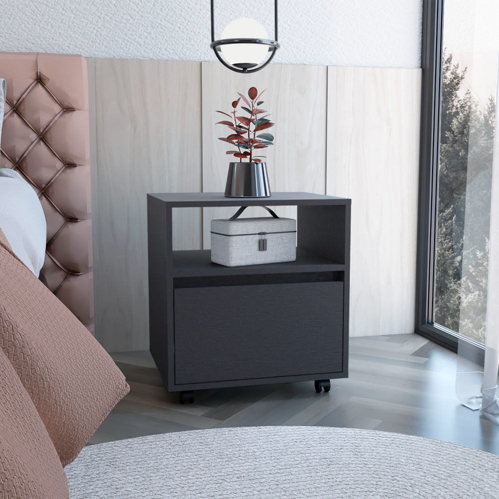 Austin Nightstandend Table, Side Table Casters, Single Drawer Black White 1 Drawer Bedroom Rectangle Modern Shelf Particle Board Particle Board