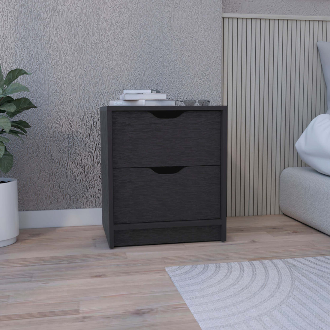 Double Drawer Nightstand 19"H, Bedside Table, Black Black Particle Board Particle Board