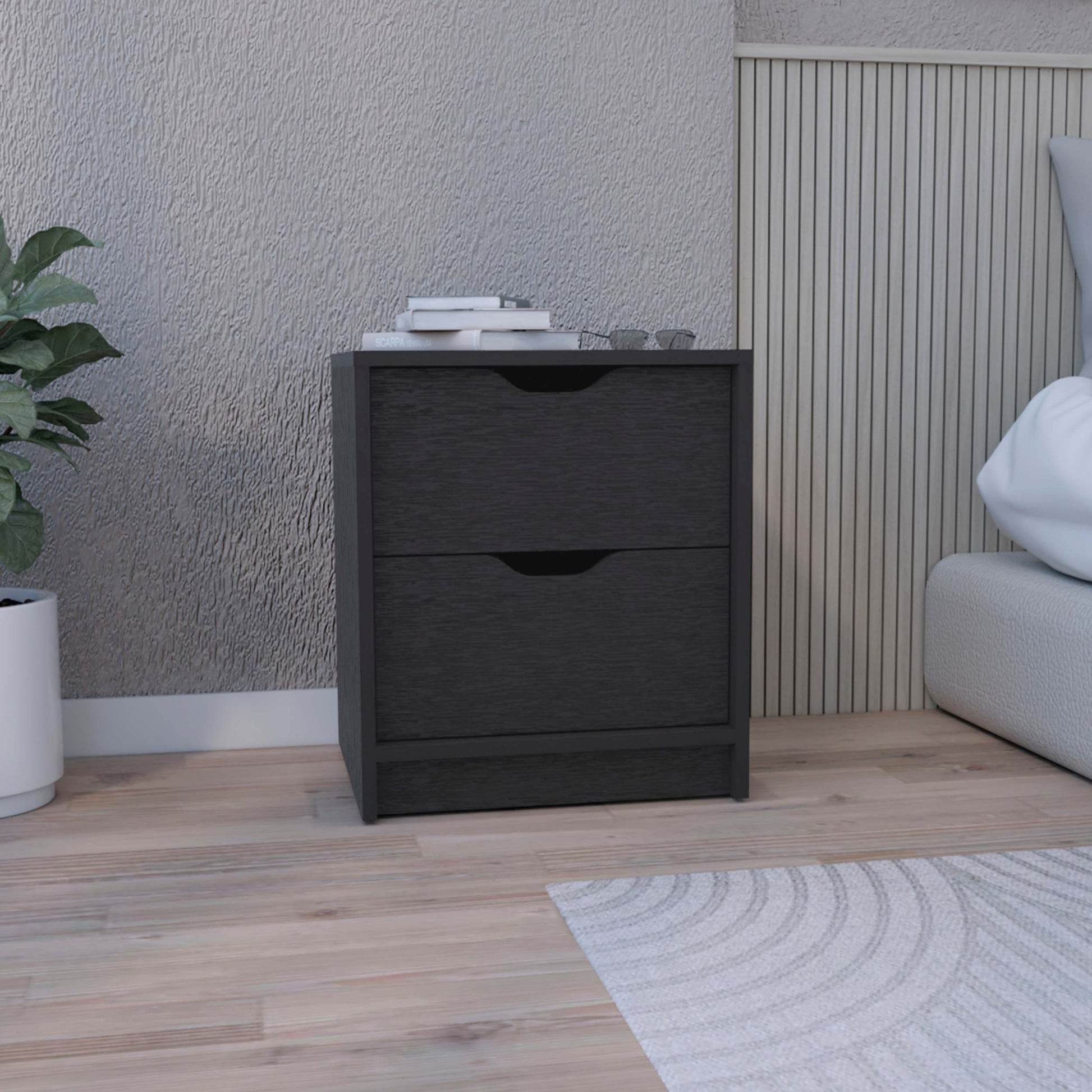 Double Drawer Nightstand 19"H, Bedside Table, Black Black Particle Board Particle Board