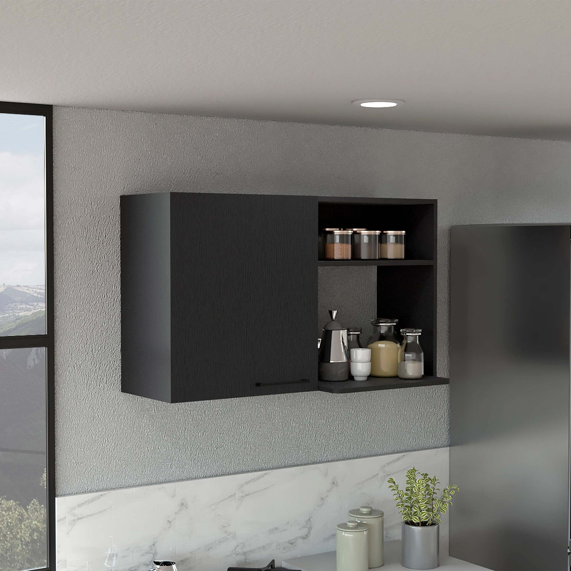 Stackable Wall Storage Cabinet 24" H, Two Internal Shelves, Two External Storage Shelves, One Door, Black Black Particle Board Particle Board